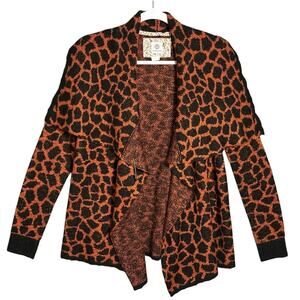 Element S Animal Print Open Front Cardigan Waterfall Flare Collar Black & Orange